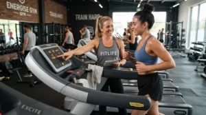 A fitness instructor guiding a client on a low impact treadmill for hip pain program.