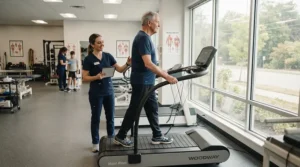 An older adult using a low impact treadmill for hip pain during a supervised physical therapy session in a clinic.