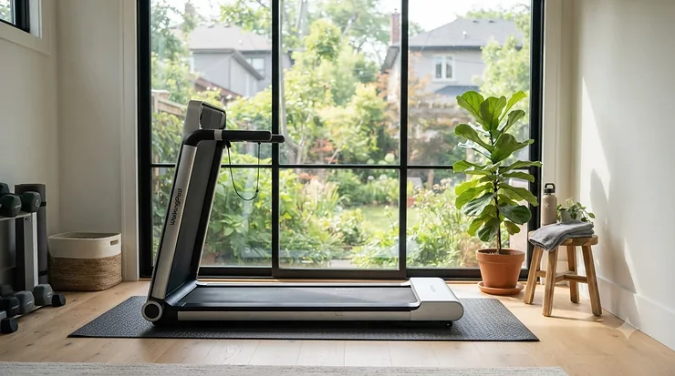 A compact low impact treadmill for knee pain set up in a neatly organized suburban American home gym.