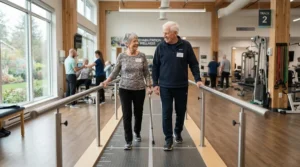 A senior couple exercising together on a gentle low impact treadmill for knee pain in a physical therapy clinic.