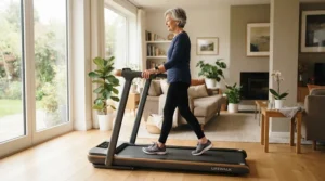 An older woman walking on a cushioned walking machine at home, representing a low impact treadmill for knee pain.
