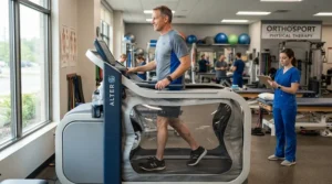 A man recovering from an injury while using a low impact treadmill for knee pain in a rehabilitation clinic