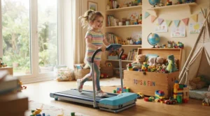 A portable compact treadmill for children's bedroom being used during playtime