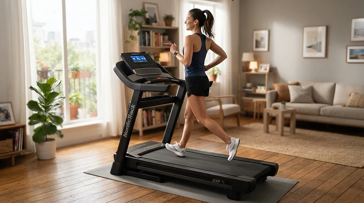A young athlete running quietly on a low-noise treadmill for teenagers under $300 in an apartment.