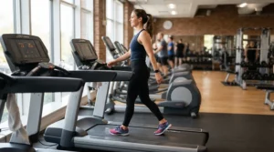 A person enjoying a safe walking workout on a low impact treadmill for knee pain with great posture