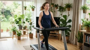 A middle-aged woman managing chronic discomfort using a slow-paced treadmill for joint pain relief indoors.