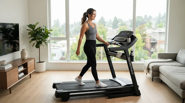 An individual maintaining an easy, low-speed pace on a slow-paced treadmill for joint pain relief.