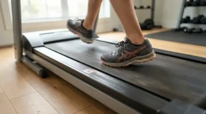 A close-up of supportive athletic shoes on a slow-paced treadmill for joint pain relief during a gradual workout.