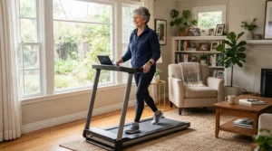 An older adult using a slow-paced treadmill for joint pain relief while watching television in a cozy living room.
