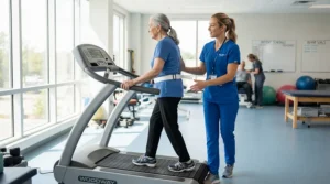 A physical therapist guiding a patient on a slow-paced treadmill for joint pain relief in a modern clinic.
