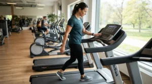 A recovering athlete utilizing a slow-paced treadmill for joint pain relief during rehabilitation exercises.