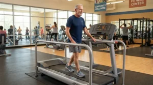 A senior man focusing on mobility with a slow-paced treadmill for joint pain relief in a community center.