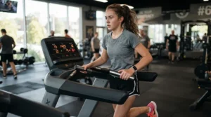 A teenager checking pulse sensors on the handlebars of a treadmill for teenagers under $300.