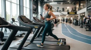 A young person jogging on a treadmill for teenagers under $300 while holding a smartphone for music.