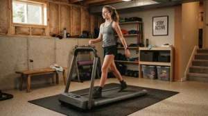 A teenager walking on an affordable treadmill for teenagers under $300 set up in a modern basement gym.