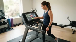 A person checking time and speed on the easy-to-read digital console of a treadmill for arthritis sufferers.