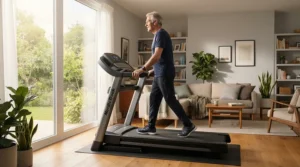 An older adult walking slowly on a treadmill for arthritis sufferers set up in a brightly lit suburban living room.
