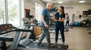 A physical therapist guiding a senior citizen on a treadmill for arthritis sufferers during osteoarthritis management sessions.