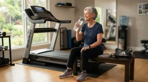 A senior woman resting near a treadmill for arthritis sufferers after finishing her daily joint-friendly walking routine.