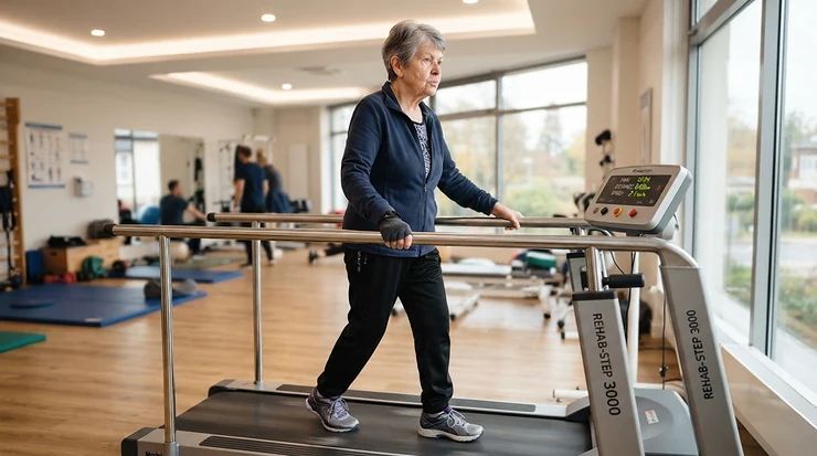 An elderly woman utilizing extended safety handrails on a treadmill for arthritis sufferers for extra balance and support.