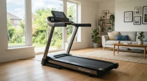 A budget treadmill for bad knees under $700 set up in a bright home gym with shock-absorbing deck.