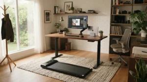 An ergonomic active workspace incorporating a treadmill for desk workers with back pain for daily wellness.