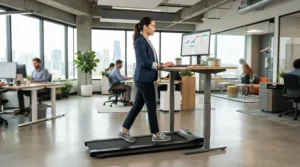 A corporate professional using a treadmill for desk workers with back pain to stay active during a long workday.