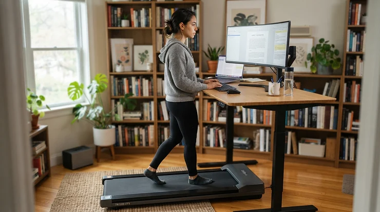 Integrating a treadmill for desk workers with back pain into a daily writing and computer workflow.