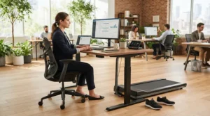 A comfortable ergonomic setup utilizing a treadmill for desk workers with back pain to prevent stiffness.