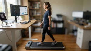 Demonstrating improved spinal alignment with a treadmill for desk workers with back pain during daily tasks.