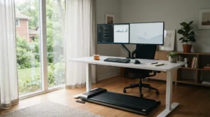 A modern sit-stand workstation paired with a treadmill for desk workers with back pain to reduce stiffness.