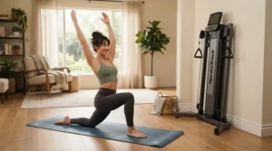 A fitness enthusiast doing core stability stretches before using a treadmill for lower back pain.