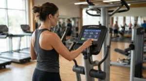 An ergonomic console display on a treadmill for lower back pain designed to prevent hunching.