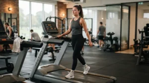 A woman walking at a gentle incline on a treadmill for lower back pain to reduce spinal stress.