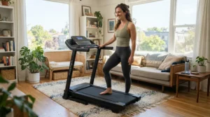 A person starting their morning walking routine on a lower back-friendly treadmill at home.