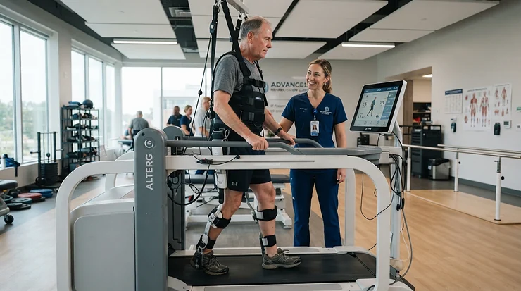 A physical therapist guiding a patient on a treadmill for lower back pain in a rehab clinic.