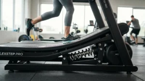 Close-up of shock-absorbing deck technology on a treadmill for lower back pain.