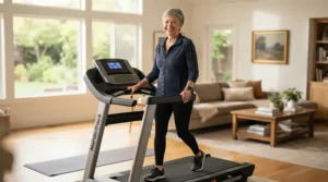A person using a specialized treadmill for runners with knee injuries in a sunlit modern apartment gym.