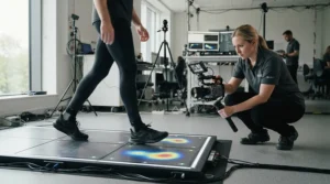 A biomechanics expert recording foot strike patterns on a treadmill for runners with knee injuries.