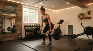 An athlete doing evening recovery exercises on an advanced treadmill for runners with knee injuries.