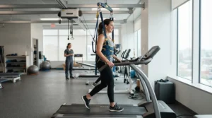 An injured athlete utilizing an unweighting harness system on a treadmill for runners with knee injuries.