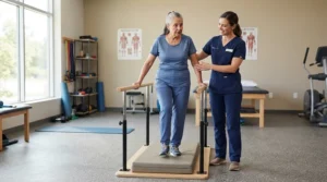A patient recovering on a cushioned treadmill for runners with knee injuries supervised by a therapist.