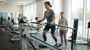 A patient engaging in light movement therapy on a medical-grade treadmill for runners with knee injuries.