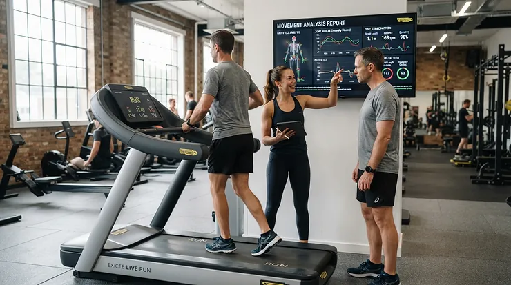 A trainer reviewing tablet data next to a treadmill for runners with knee injuries in a wellness center.