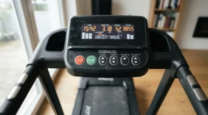 A close-up view of the easy-to-read console on a treadmill for seniors with hip arthritis showing simple metrics.