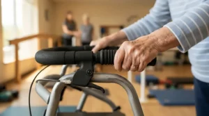 A senior using the safety handrails on a treadmill for seniors with hip arthritis to ensure stable balance.