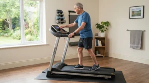 A senior man starting his daily routine on a treadmill for seniors with hip arthritis set up in a dedicated home gym.