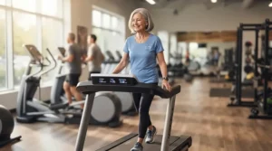 An elderly woman smiling while exercising on a treadmill for seniors with hip arthritis designed for low impact.