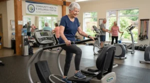 Active adults utilizing a treadmill for seniors with hip arthritis in a well-equipped wellness center.