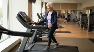 A grandmother demonstrating a slow pace on a treadmill for seniors with hip arthritis to protect her joints.